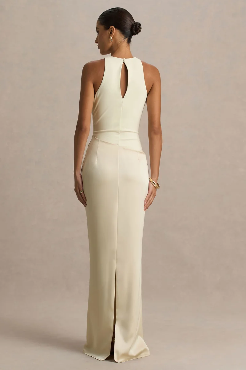 Akari | Vestido Largo Crema de Cuello Redondo con Falda de Satén - Imagen 3