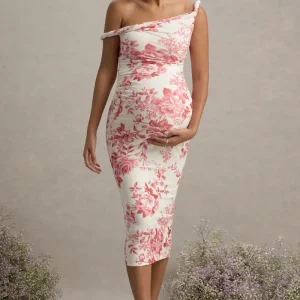 Salome | Vestido Midi de premamá con Estampado Floral Rosa y Escote Asimétrico Torcido