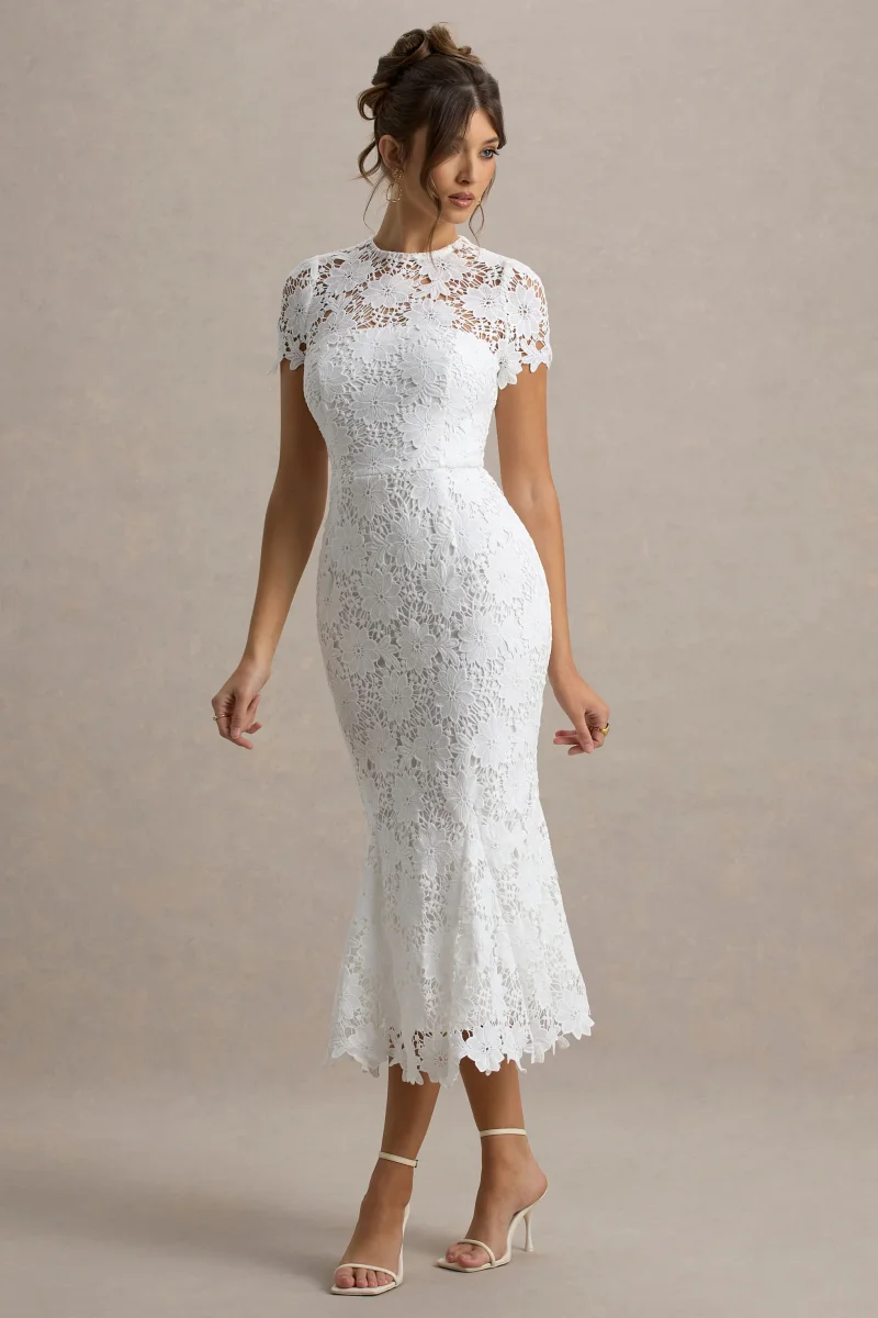 Clarissa | Vestido midi de encaje blanco con mangas cortas - Imagen 5