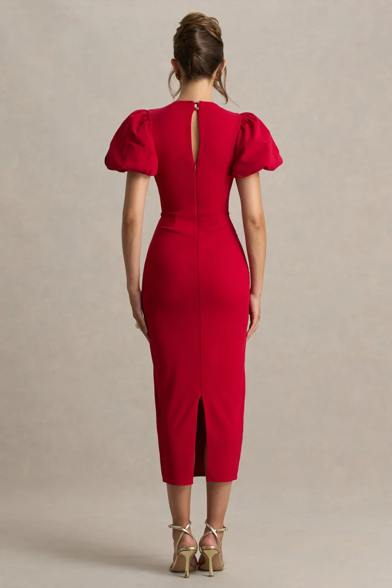 Dakota | Vestido midi rojo con mangas abullonadas - Imagen 3