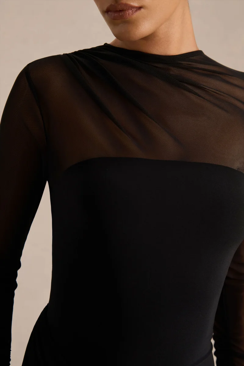 Deema | Vestido Largo Negro de Jersey y Malla con Cuello Alto - Imagen 7