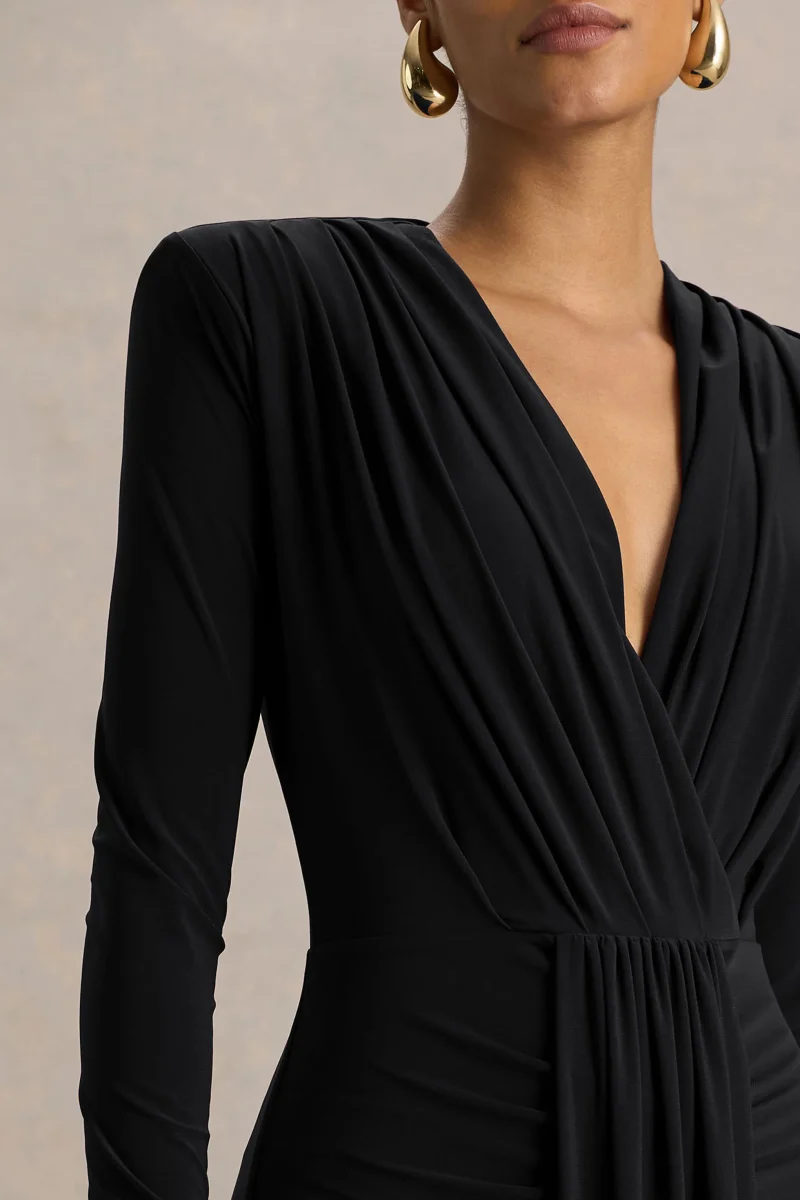 Flashy | Vestido Largo negro con escote pronunciado y detalles fruncidos - Imagen 4