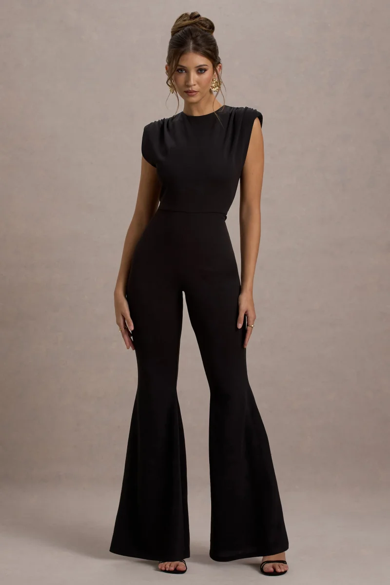 Elyna | Mono negro con hombros fruncidos y pantalones acampanados - Imagen 6