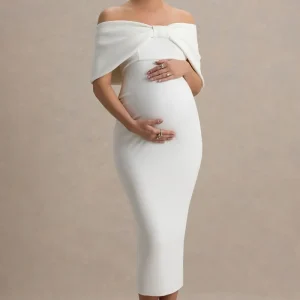 Droplet | Vestido Midi de Premamá Blanco con Lazo y Escote Bardot
