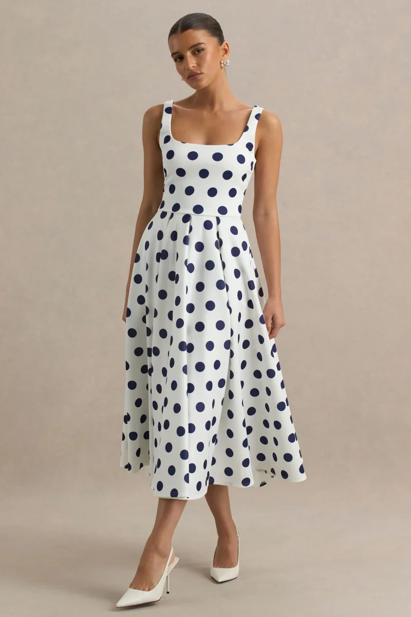 Berta | Vestido midi con escote cuadrado y falda volumen de lunares azul marino - Imagen 6