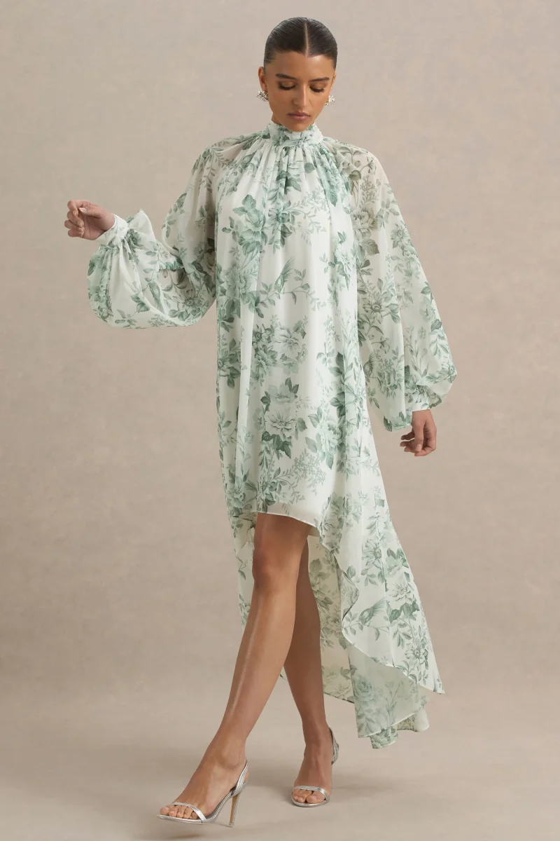 Delphia | Vestido Largo de Chiffón y Estampado Floral Verde - Imagen 6