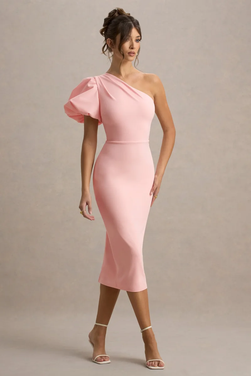Aimee | Vestido Midi Rosa Asimétrico de Manga Abullonada - Imagen 6