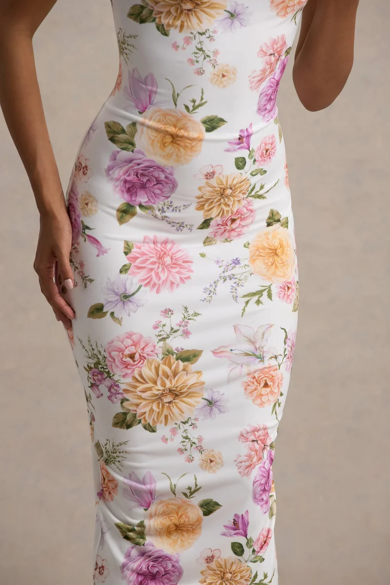 Nora | Vestido midi ajustado con escote asimétrico con detalle torcido con estampado floral - Imagen 7