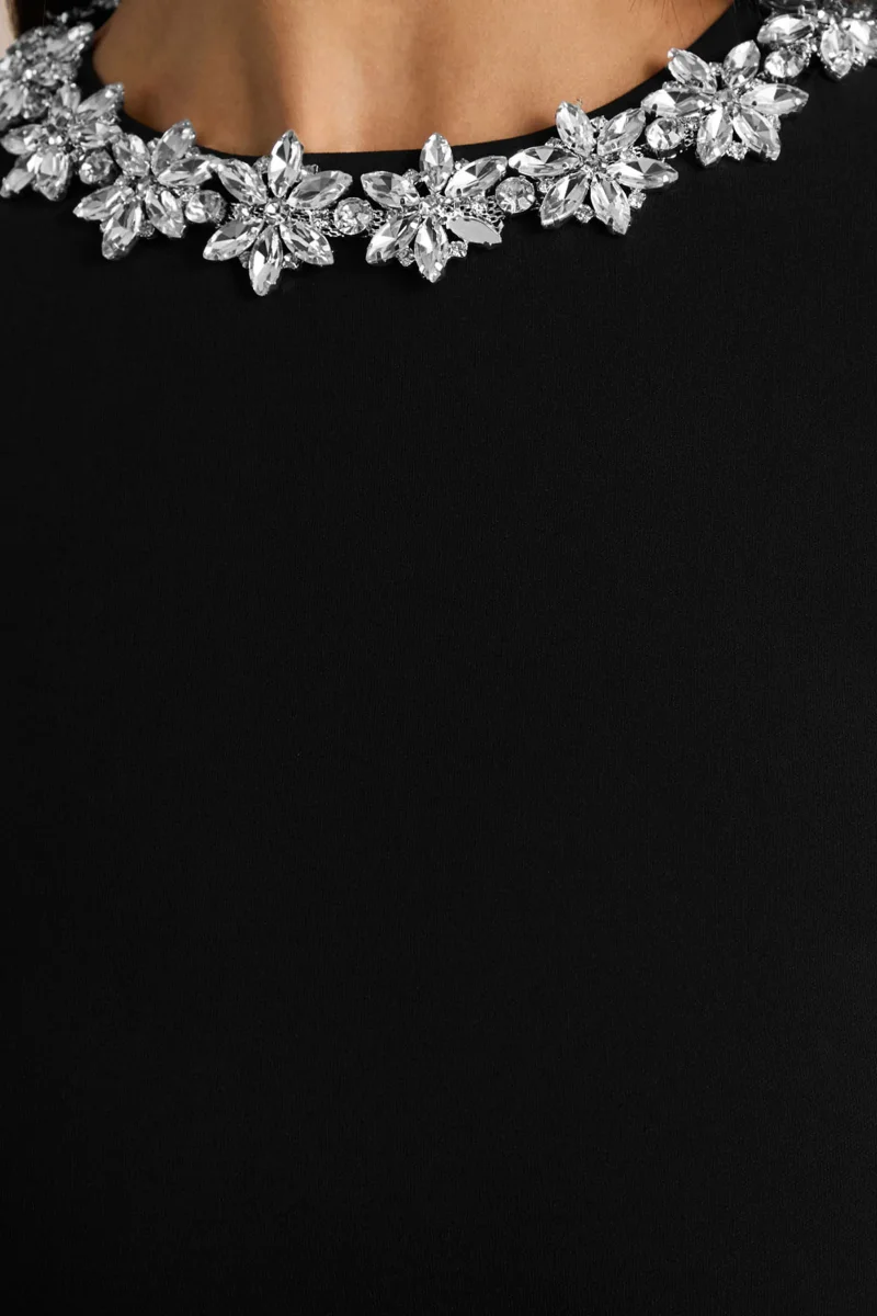 My Wish | Vestido Corto Negro con Cuello Alto Adornado y Cintura Caída - Imagen 7
