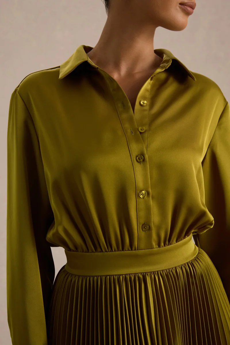 Naxos | Vestido Largo Camisero de Satén Color Oliva - Imagen 5
