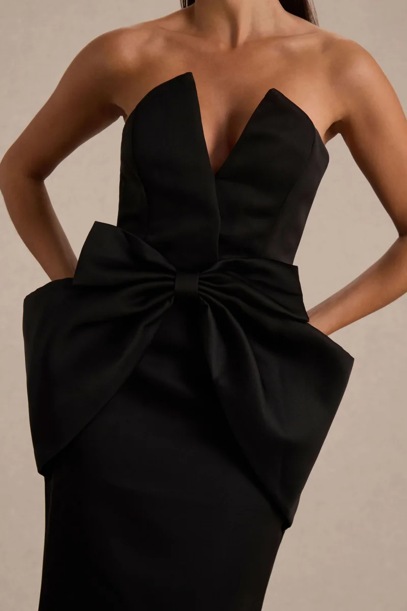Sonata | Vestido Largo Negro de Satén con Escote Bandeau y Falda Tulipán - Imagen 6