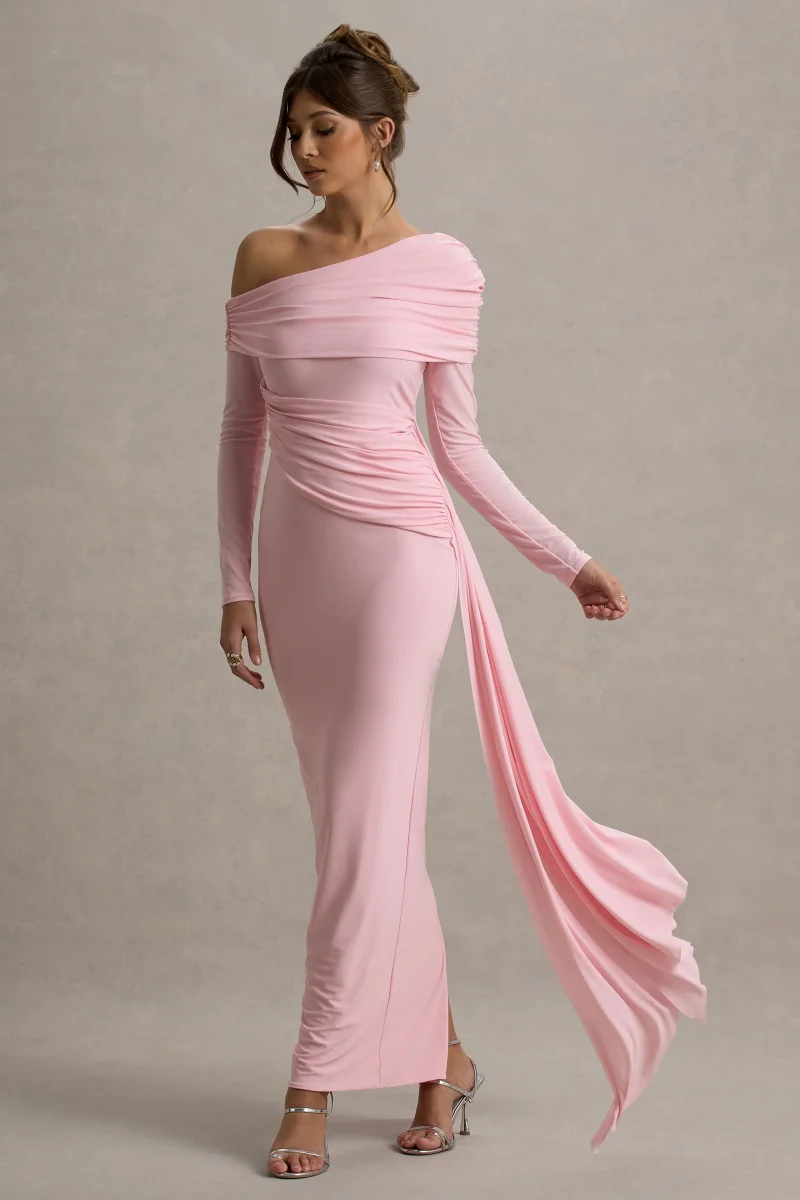 Valina | Vestido largo rosa con mangas largas y drapeado lateral - Imagen 4