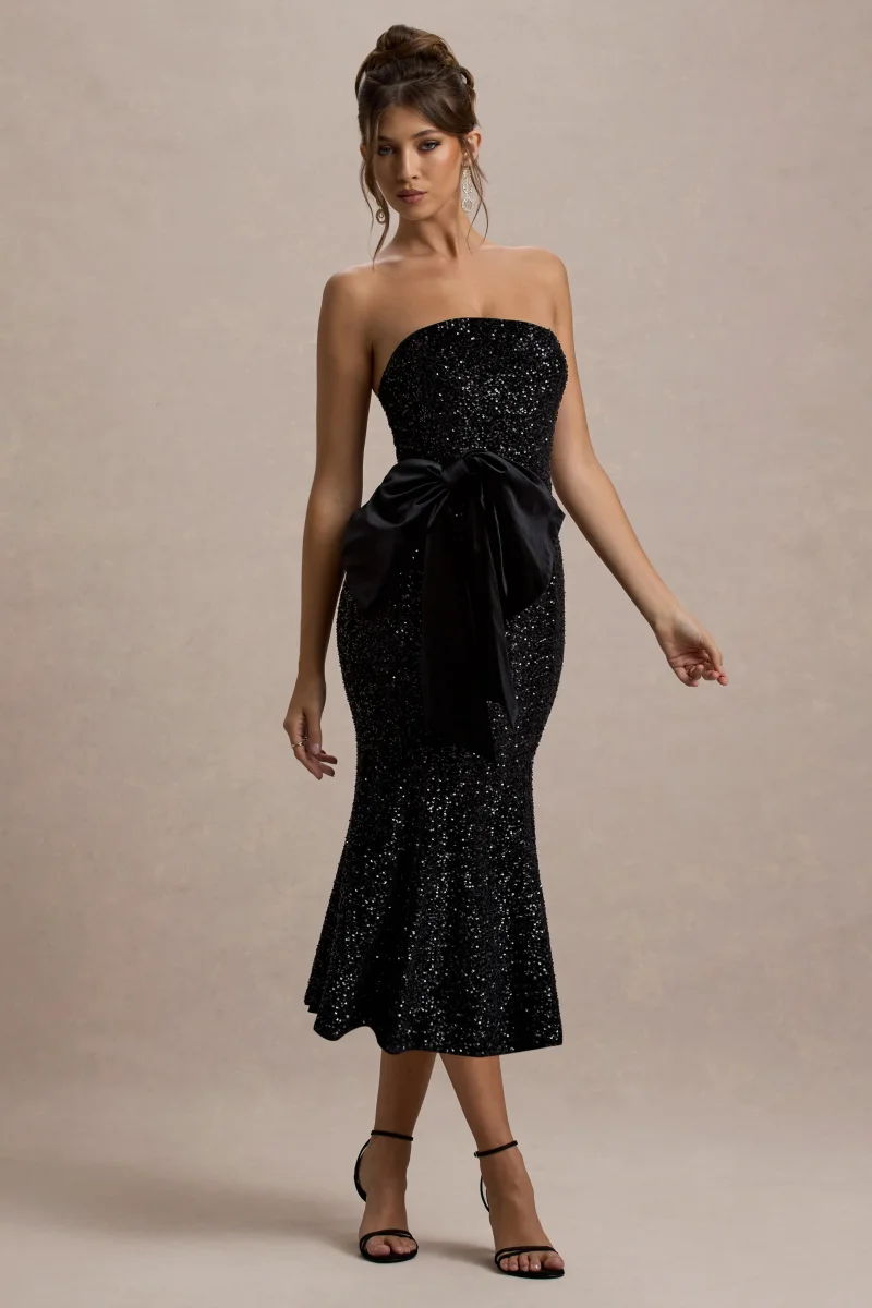 Adee | Vestido Midi de Terciopelo Negro con Escote Halter y detalle de Lazo