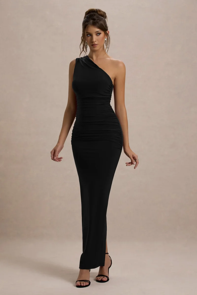 Dalarie | Vestido Largo en negro con fruncido y escote asimétrico - Imagen 6