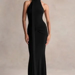 Hyla | Vestido Largo Negro con Escote Alto y Detalle de Fajín