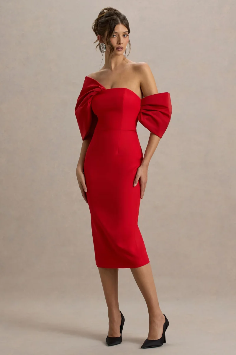 Lucille | Vestido midi rojo con escote bardot con detalle de lazo y mangas drapeadas - Imagen 5