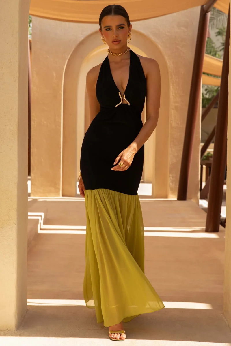 Edda | Vestido largo en negro y verde con cintura caída y espalda descubierta - Imagen 5