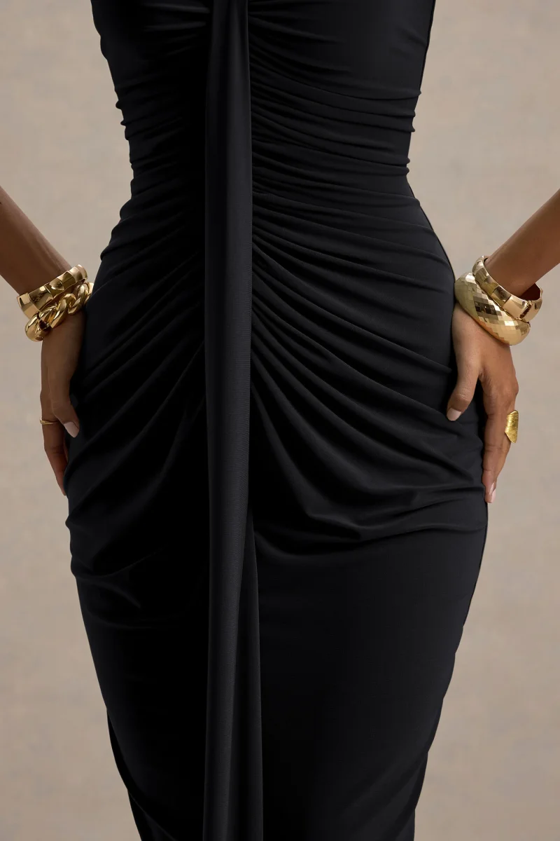 Ali | Vestido Largo Negro De Cuello Corazón Con Fruncidos Y Detalle De Faja - Imagen 7
