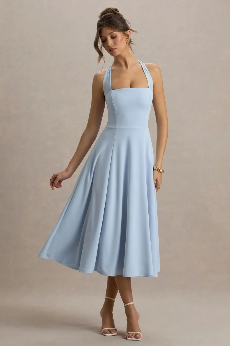 Auburn | Vestido midi azul bebé con escote halter de malla con lazo - Imagen 6
