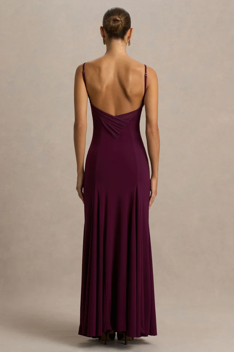 Gabbie | Vestido Largo Burdeos Con Escote Drapeado y Espalda De Malla - Imagen 3
