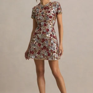 Eira | Vestido corto rojo de lentejuelas con estampado floral y escote redondo