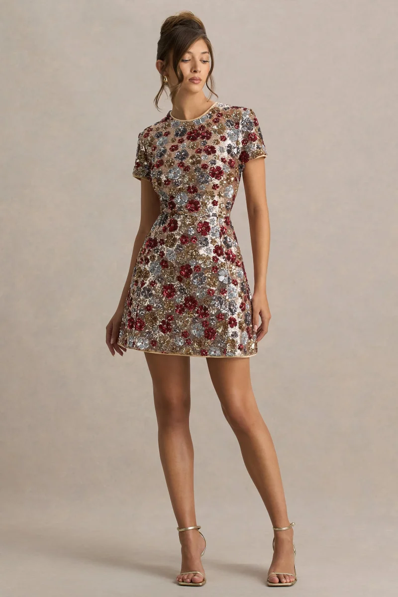 Eira | Vestido corto rojo de lentejuelas con estampado floral y escote redondo - Imagen 2