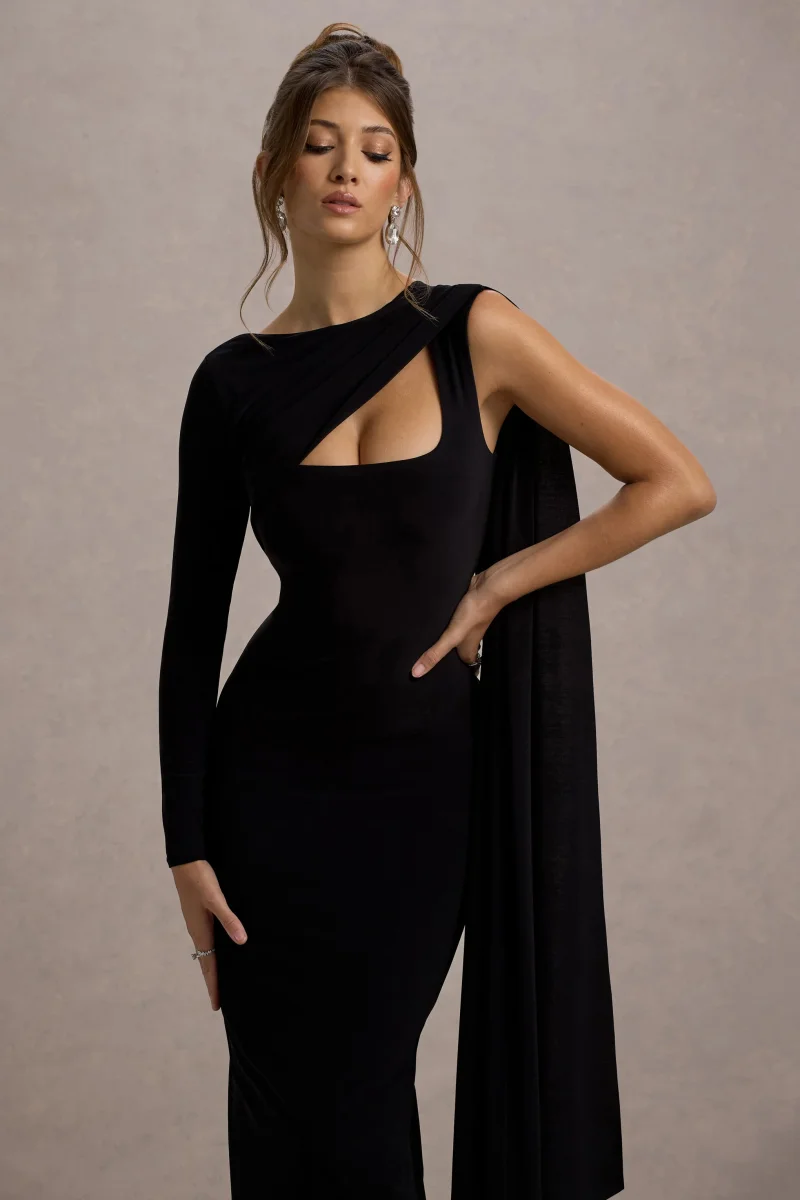 Ashini | Vestido largo Negro de Una Manga con Capa - Imagen 6
