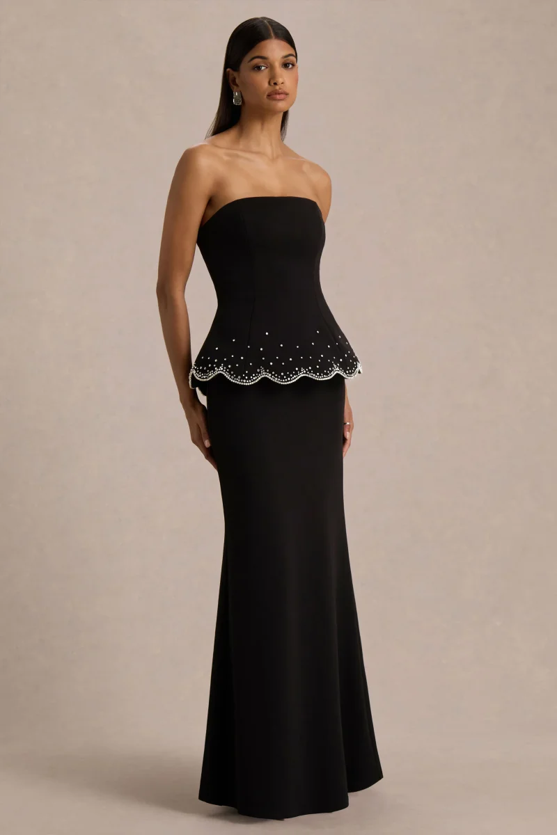 Robin | Vestido Largo Negro con Corsé, Sin Tiras y con Pedrería - Imagen 6