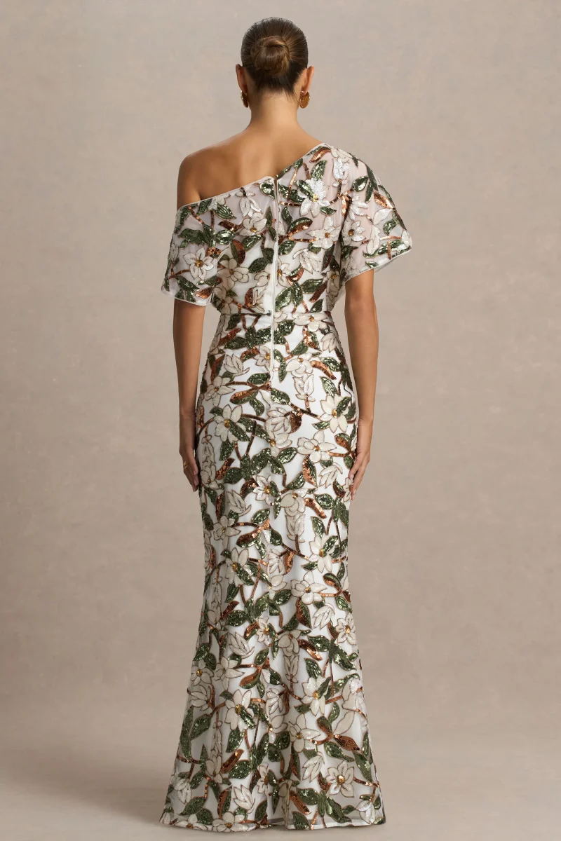 Iony | Vestido Largo de cuello asimétrico con detalles florales, malla y lentejuelas en blanco y verde - Imagen 6
