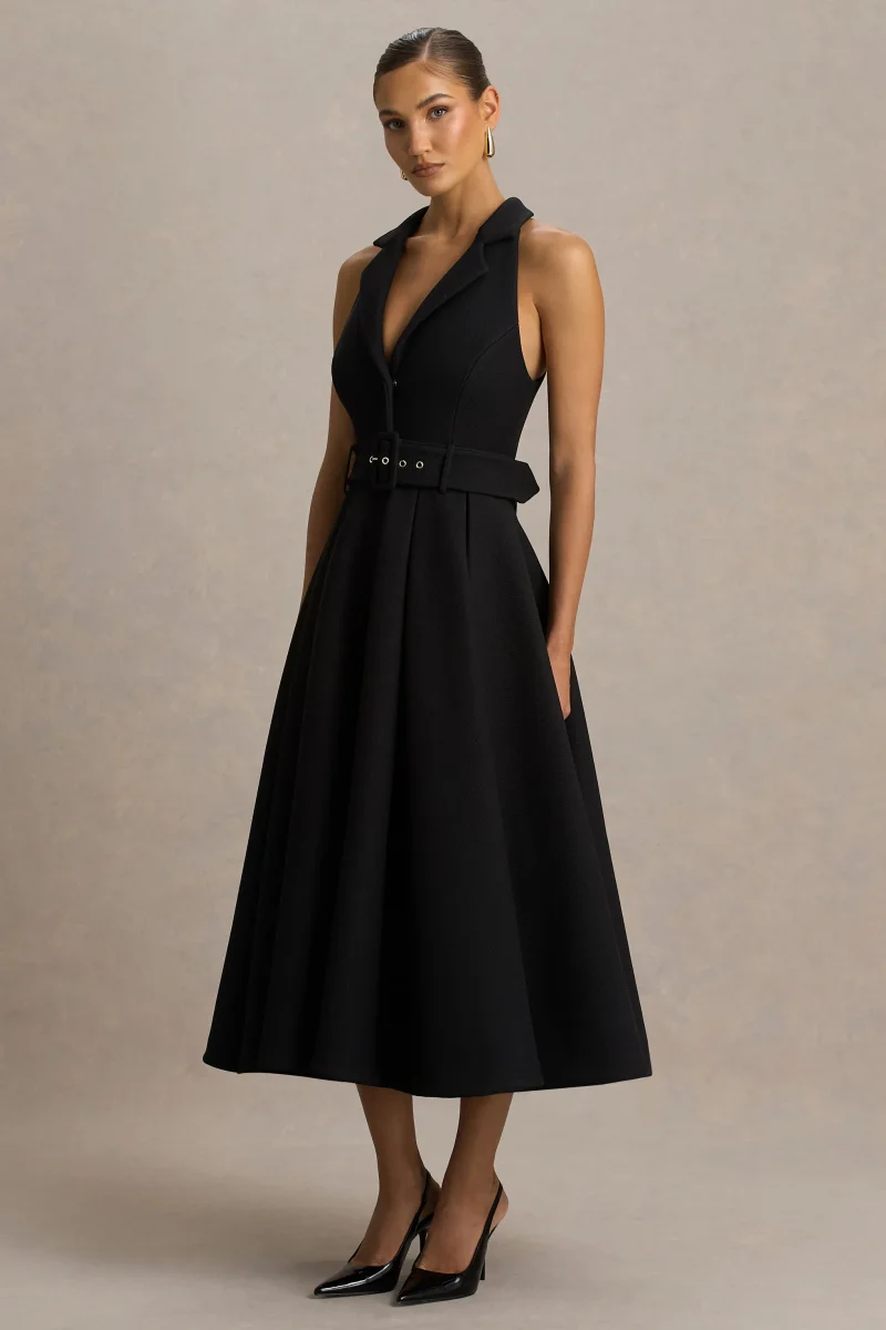 Alessa | Vestido Midi Negro Entallado con Escote Profundo - Imagen 5