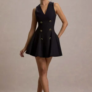 Collette | Vestido corto Negro Entallado con Escote Pronunciado y botones