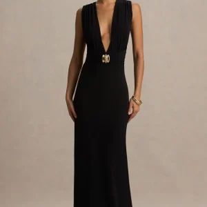 Alena | Vestido Largo Negro con Escote Profundo y Detalle Dorado