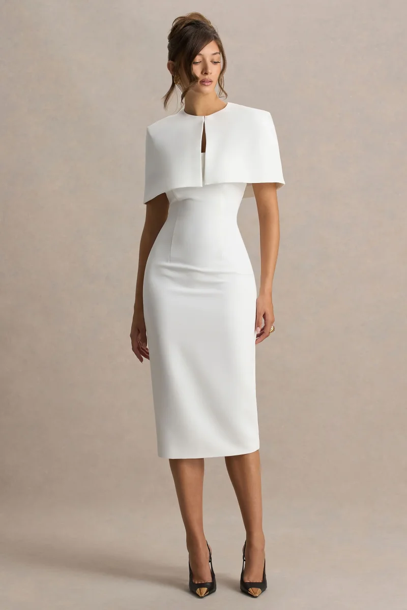 Baylor | Vestido midi blanco con detalle de capa removible - Imagen 9
