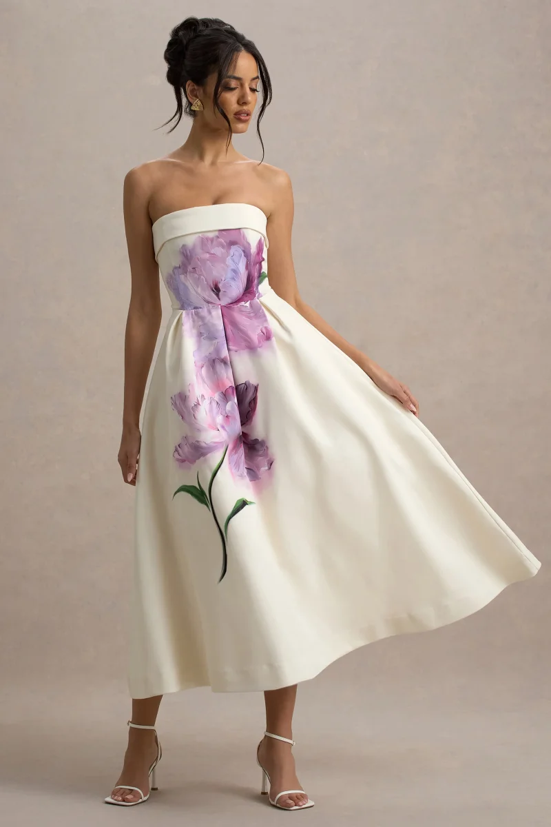 Annalise | Vestido midi con escote bandeau con estampado floral y falda plisada - Imagen 6