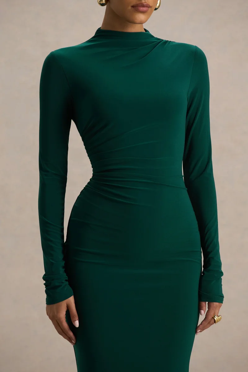 Eden | Vestido Largo Verde Botella con Escote Alto y Detalles Fruncidos - Imagen 5
