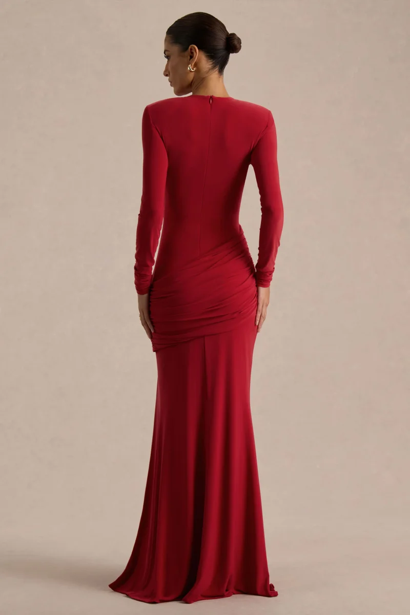 Liora | Vestido Largo Rojo de Cuello Alto con Abertura Delantera Alta - Imagen 3