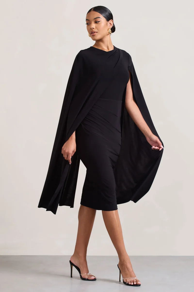 Marysol | Vestido midi negro entallado con mangas tipo capa - Imagen 5