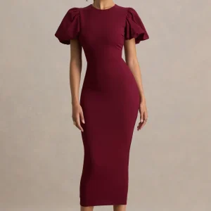 Dakota | Vestido Midi Burdeos De Manga Abullonada