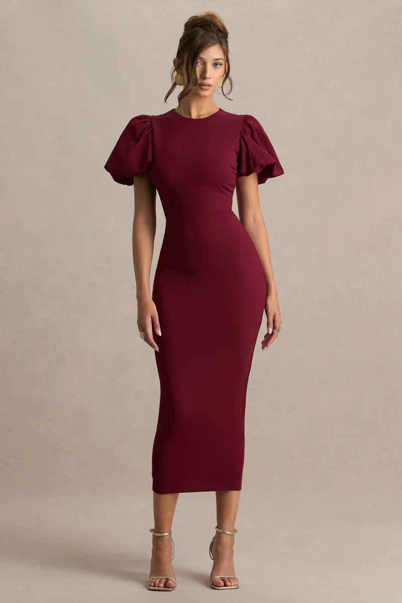 Dakota | Vestido Midi Burdeos De Manga Abullonada