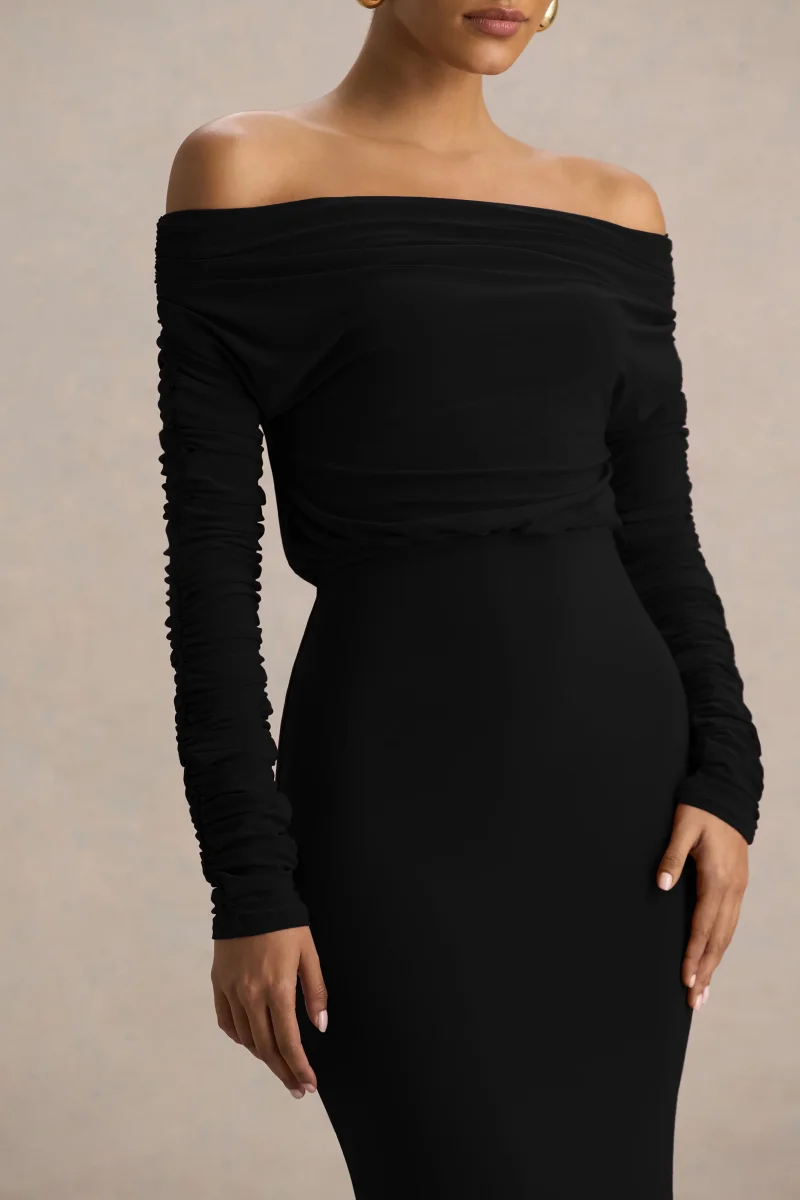 Cilla | Vestido Largo Negro Con Escote Bardot y Fruncido - Imagen 3