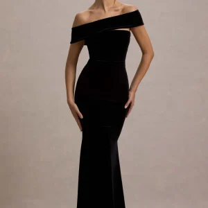 Candela | Vestido largo de Terciopelo negro con Escote Bardot Asimétrico