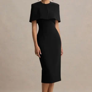Baylor | Vestido Midi Negro Con Capa Corta Desmontable