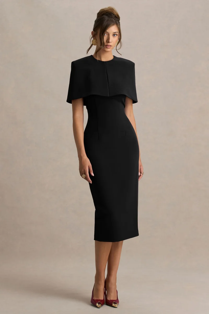 Baylor | Vestido Midi Negro Con Capa Corta Desmontable - Imagen 2