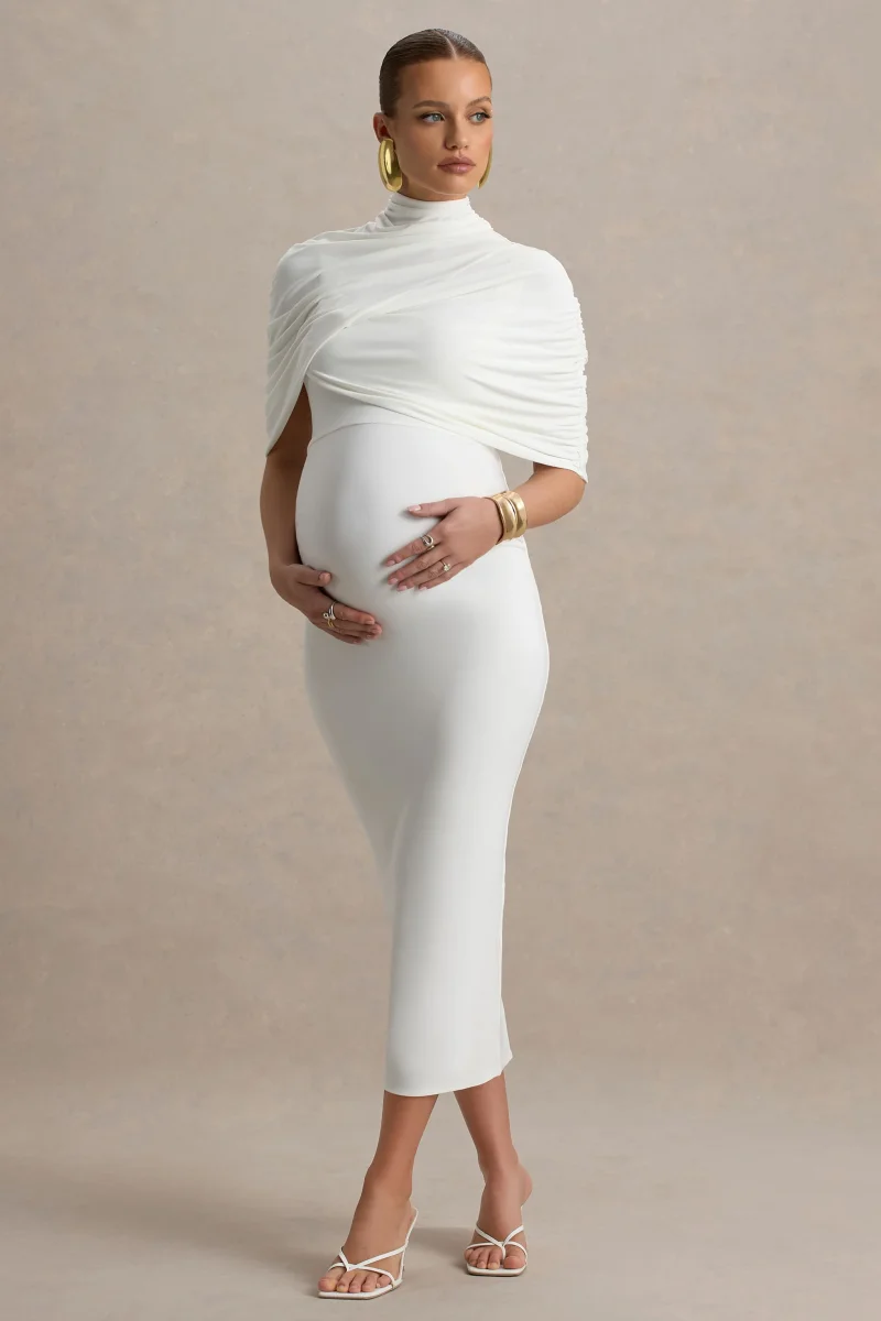 Augustina | Vestido midi premamá blanco con detalle de capa - Imagen 5