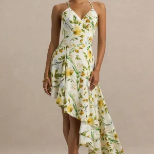 Glint | Vestido largo de Satén con Estampado floral Blanco y Dobladillo Asimétrico