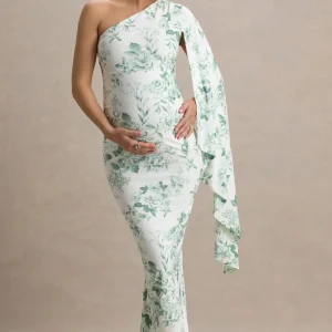 Aliana | Vestido largo premamá con una manga larga y estampado floral verdoso