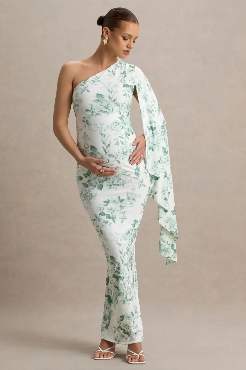 Aliana | Vestido largo premamá con una manga larga y estampado floral verdoso - Imagen 2