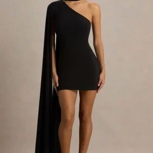 Arianne | Vestido Corto Negro con Escote Asimétrico Y Detalle De Pañuelo