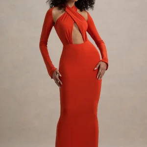 Gita | Vestido largo naranja cut out con mangas largas