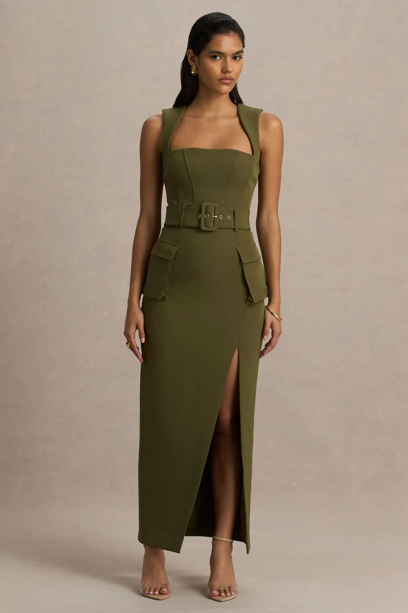 Sandra | Vestido Largo Verde Oliva Entallado con Escote Cuadrado y Abertura Frontal Alta - Imagen 6